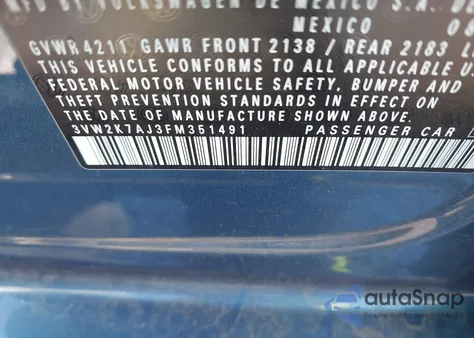 2015 Volkswagen Jetta 2.0L S из США, поврежденный, VIN 3VW2K7AJ3FM351491